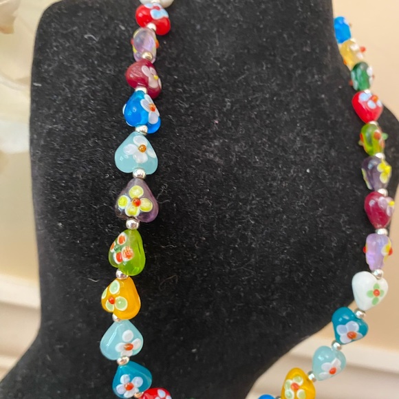 New Multicolor Glass Hearts Hand Painted 14” Necklace - Picture 3 of 4